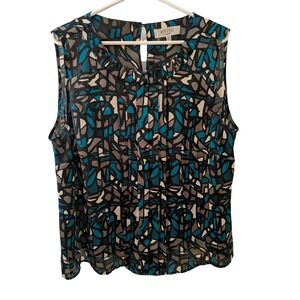 Kasper Separates Womens 2X Teal "Stained Glass" Pleated Chiffon Blouse Top
